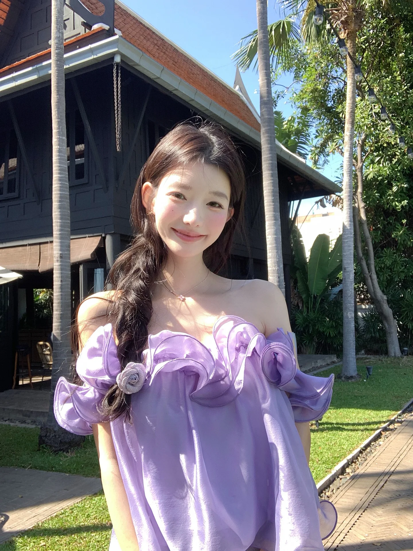 

YOLI Purple Lace Trim Shrug Women's Loose Slimming Shoulder Bared Summer Top Elegant Style Polyester Fiber Casual Wear