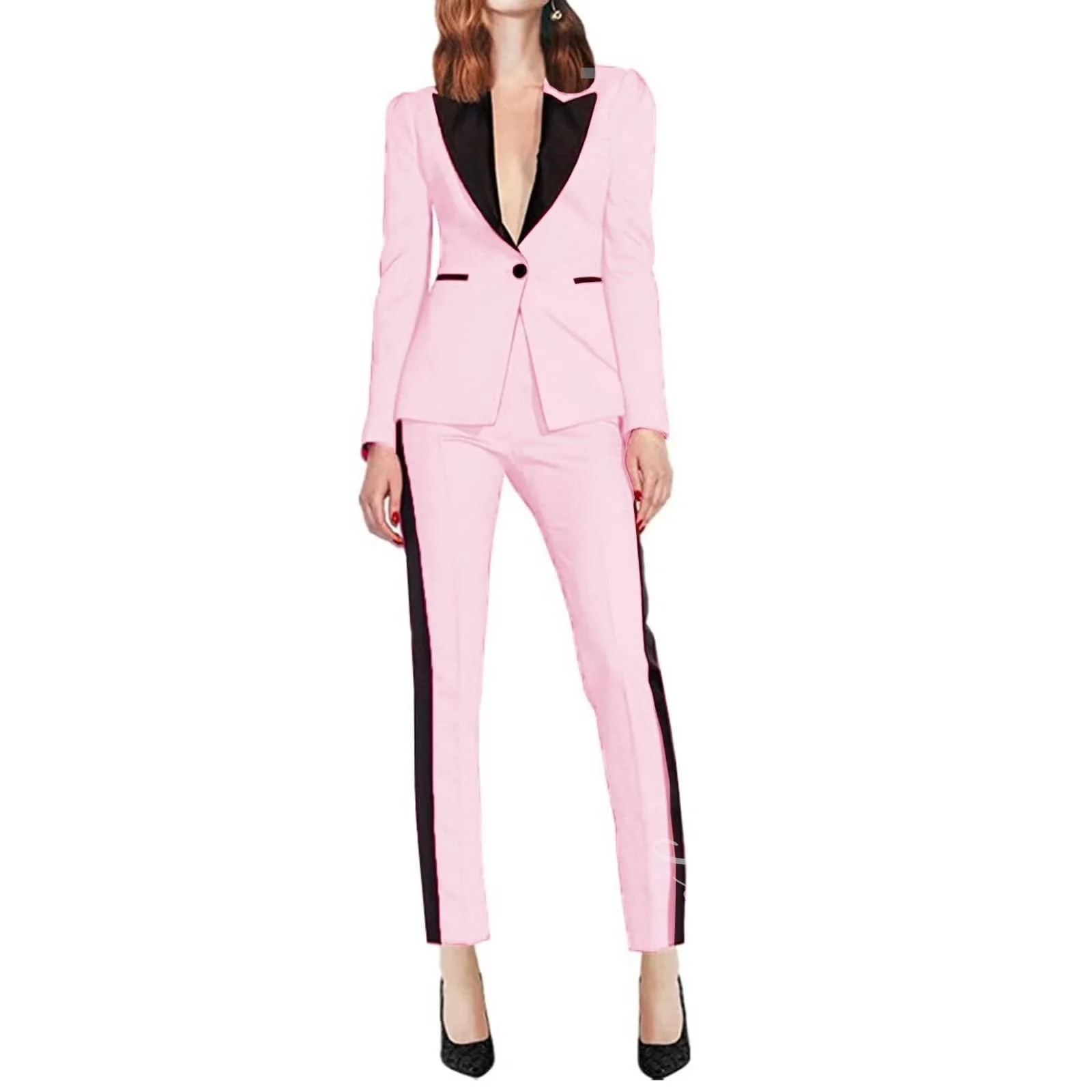 

Tesco Chic Women's Pants Sets Contrast Color Blazer And Trouser 2 Piece Set For Women Slim Fit Wedding Party Or Business Suit