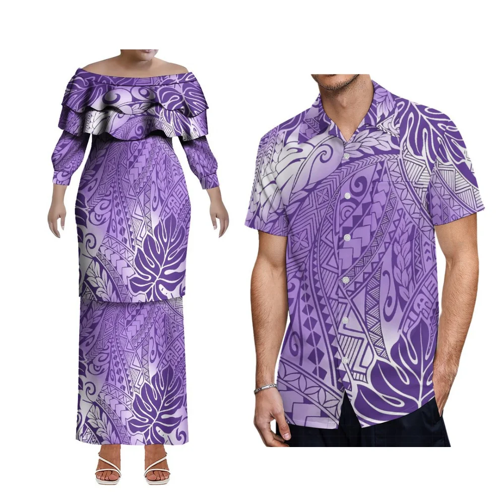 Damskie polinezyjskie bluzki z długim rękawem na jedno ramię i długie komplety Puletasi, hawajskie koszule męskie plus size dla par na imprezę.