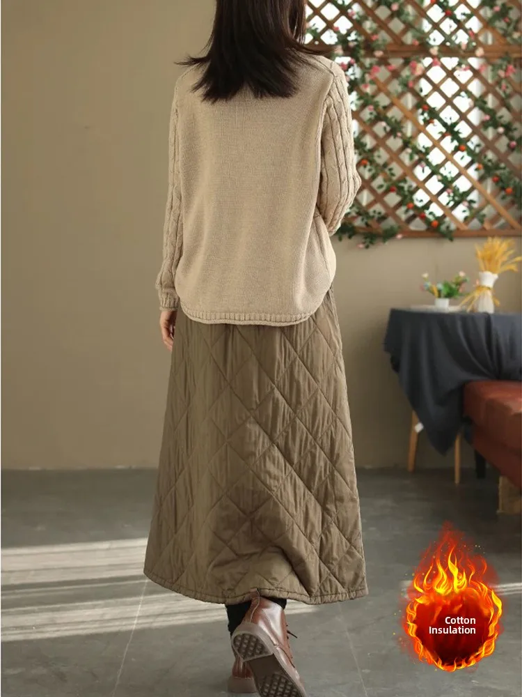 Geschnittener Winter-F-Rock mit Knopf und großem Ket-Midirock in A-Linie mit hoher Taille für Damen, Baumwollmischung mit Rautengittermuster