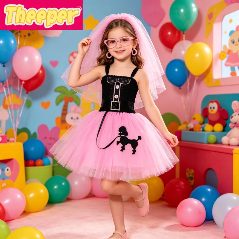 Traje Tutú Estilo Swing Años 50 con Motivo de Poodle, Esquema de Tres Tonos, Ideal para Concursos de Disfraces y Ocasiones Festivas