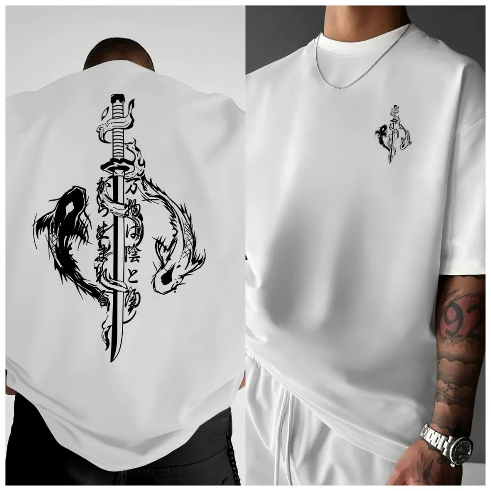 American style new men's summer koi samurai sword letter print soft and breathable round neck T-shirt outdoor casual top