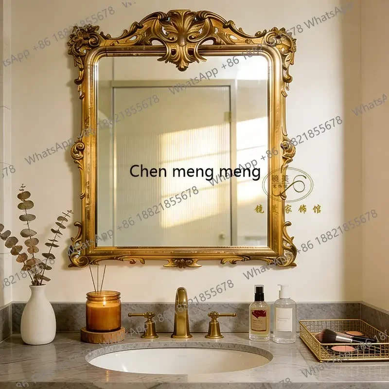 PP French retro bathroom mirror carved wall hanging porch fireplace decorative mirror household light luxury makeup mirror