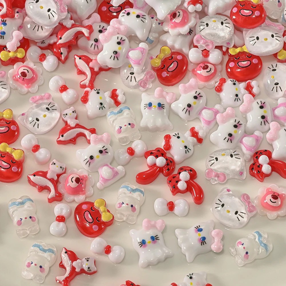 50g(120-150Pcs)3D Red/White Cartoon Kittty Cat Nail Charms With Dolphin/Coconut Tree Red Kitty Cat Nail Art For Kawaii Girl Nail