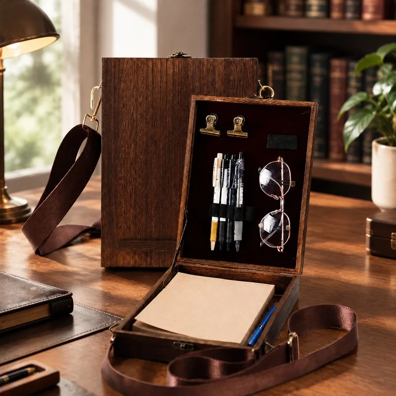 Vintage-Inspired Wooden Carry Case with Lid for Women, Outdoor Messenger Bag for Storing Tools and Sketch Supplies