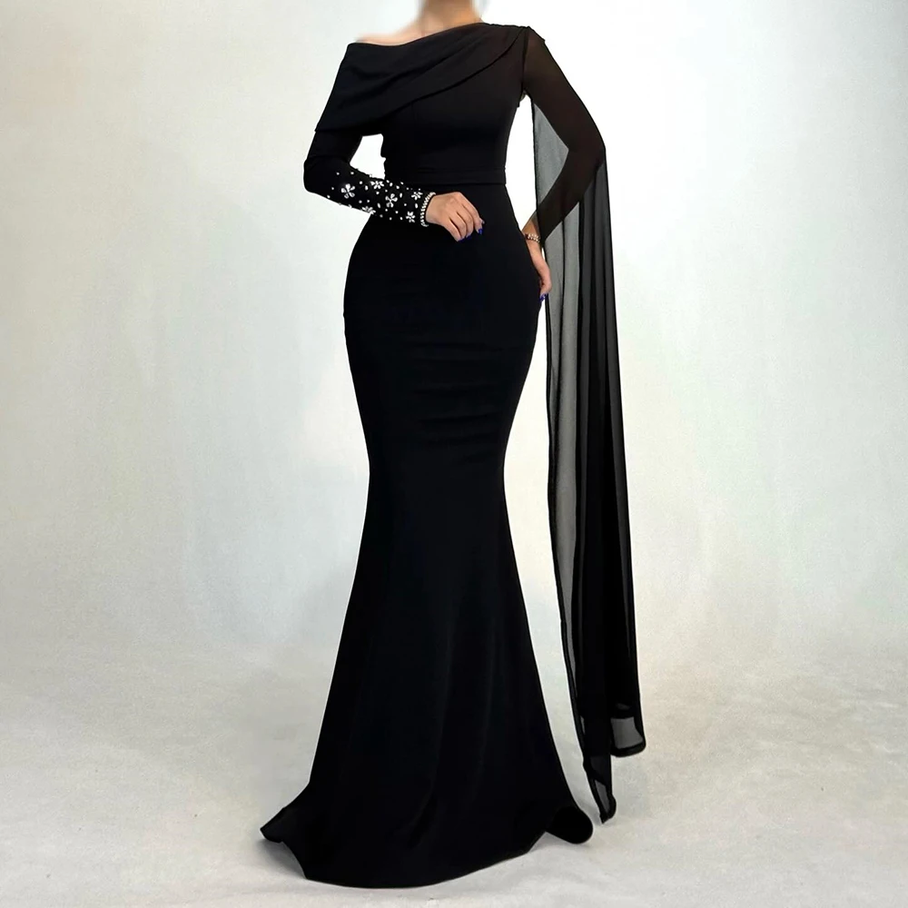 

Customized A-line Evening Dresses Floor-length One-shoulder Full Sleeve Prom Gown Fashion Crystal Stole Simple Draped Party Gown