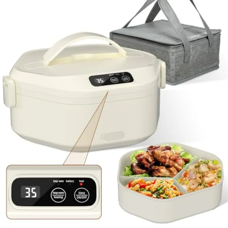 

Cordless Electric Lunch Box, 1L Heated Lunch Box, 16000mAh Battery Powered, Fast Heating, 3-Compartment Tray, Portable for Car,