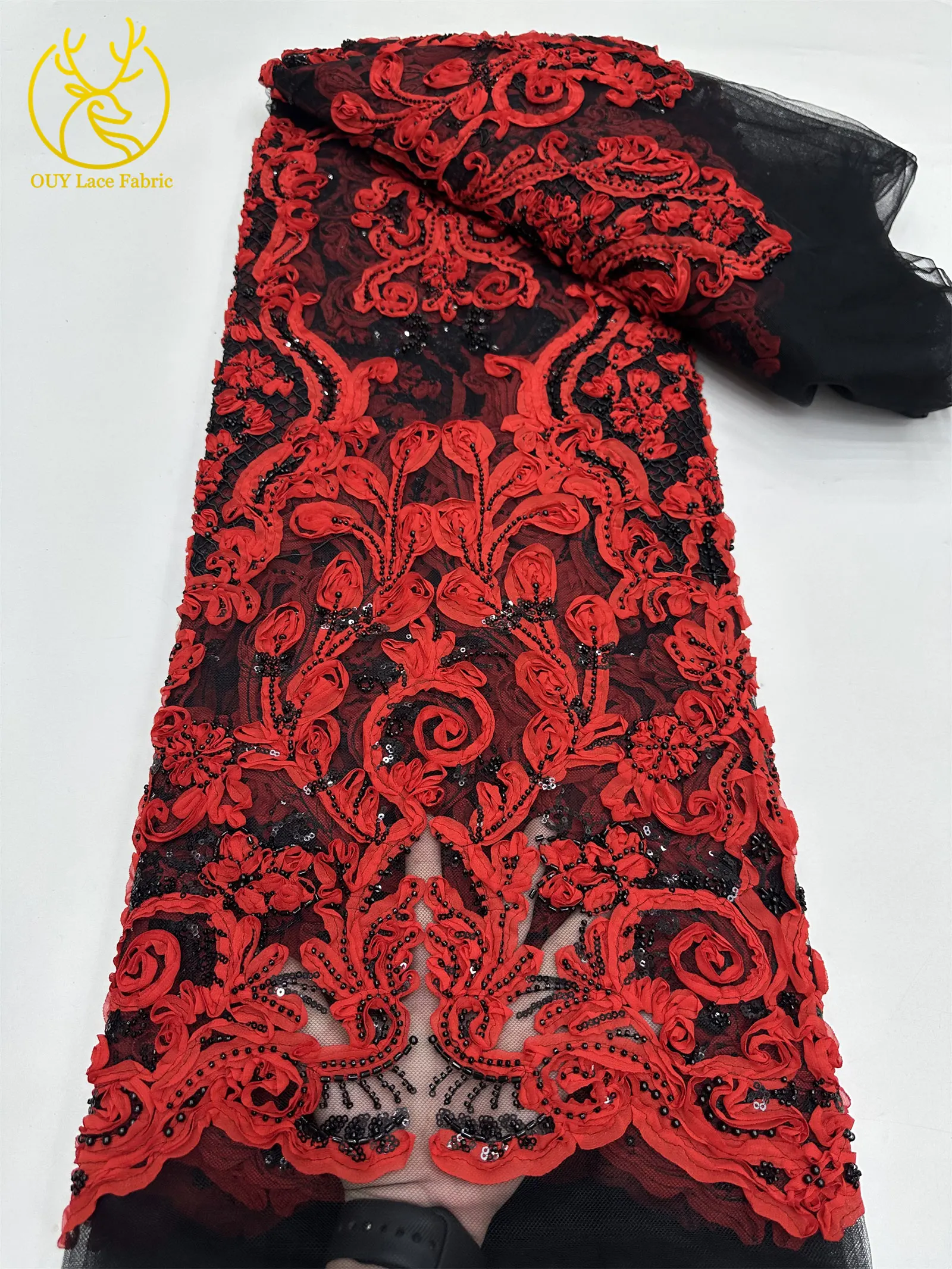 3D Afrikanischer Perlen-Spitzenstoff Schwarz Rot Luxuriöser Hochwertiger Französischer Pailletten-Tüll für Damen Abendkleid DIY Nähen 5 Yards – Detail 32