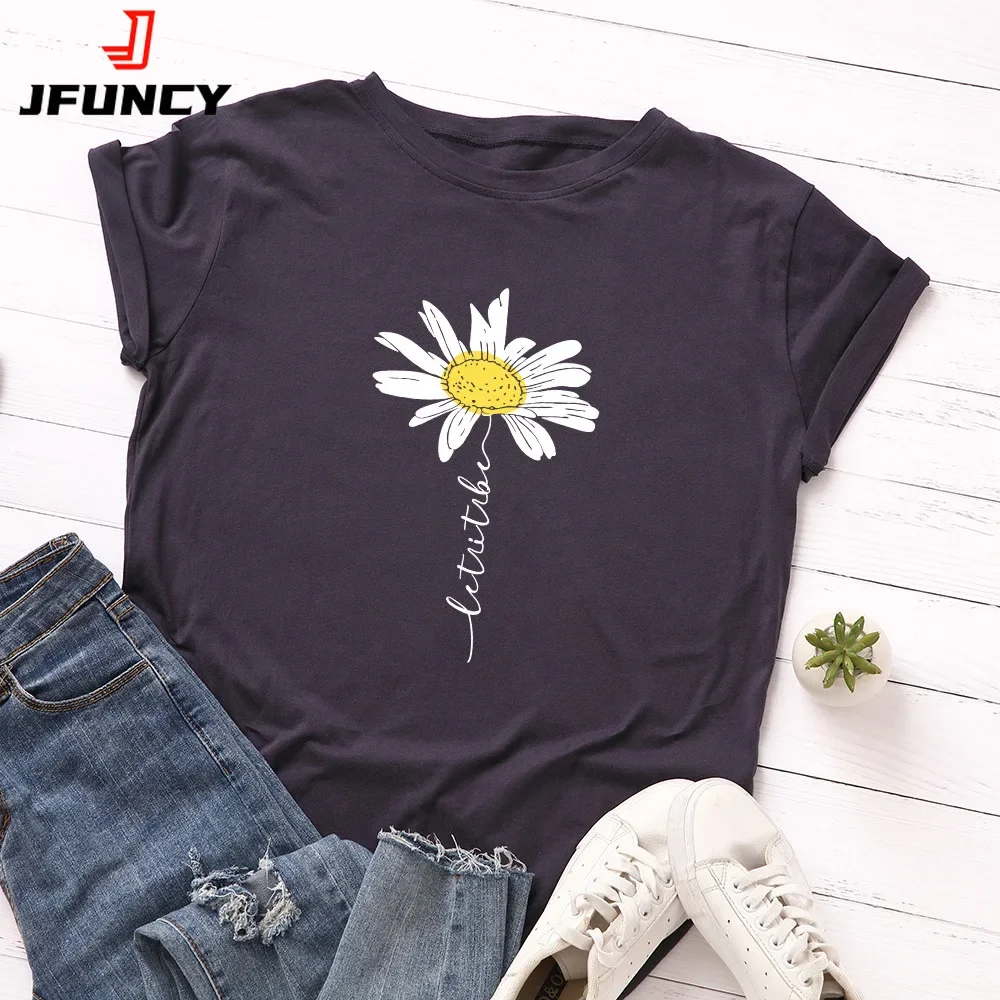 

JFUNCY 100% Cotton Women T-Shirt 2024 Summer Tshirt Creative Daisies Printed Woman Short Sleeve Tee Tops Female T Shirt