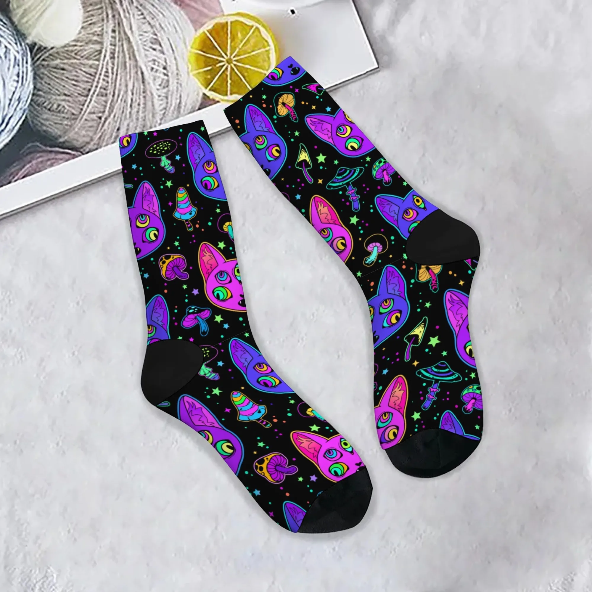 Psychedelic Zombie Cat Men's Socks Harajuku Style Novelty Funny Compression Socks Crazy Party Gift Street Fashion Hip-Hop Socks