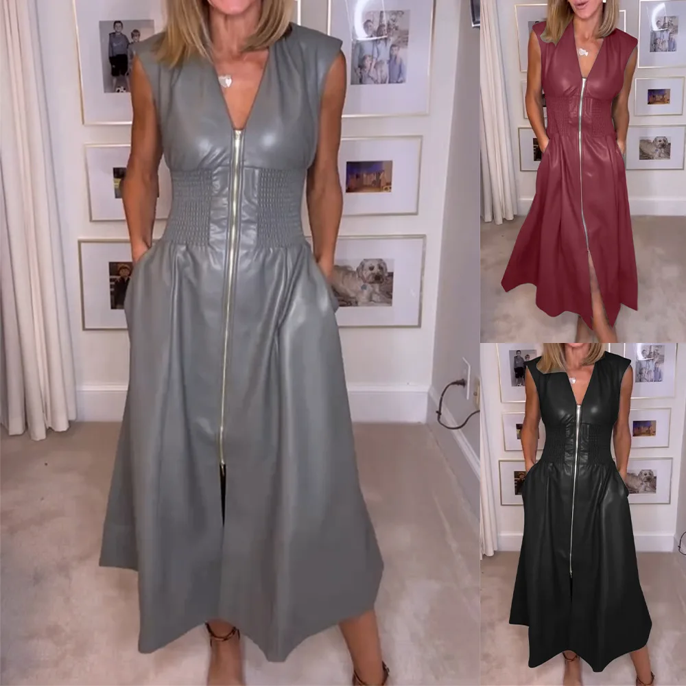 

Women Summer PU Leather Zipper Long Dress Sleeveless Elastic Waist Tight Retro Elegant Pleated Dress Female New Office Dresses