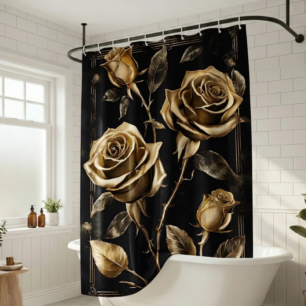 

Роскошная золотая занавеска для душа с розами - Креативный черный цветочный ботанический принт - Декоративная занавеска для ванной комнаты в доме