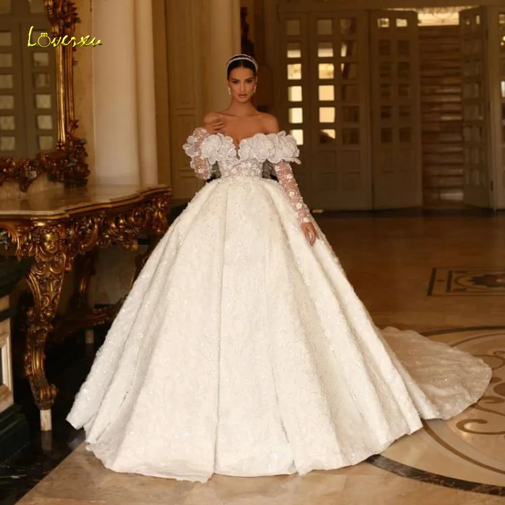 Loverxu Ball Gown Delicate Wedding Dresses Off The Shoulder Vestido De Novia Lace Embroidery 3D Flowers Custom Made Bridal Gowns