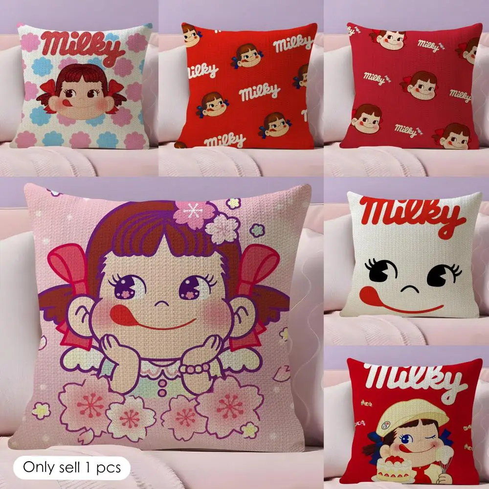 Cute F-Fujiya Peko-chan Cushion Cover Natural Linen Pillow Case Double-Sided Print Decorative Sofa Pillowcase Home Decor Gift