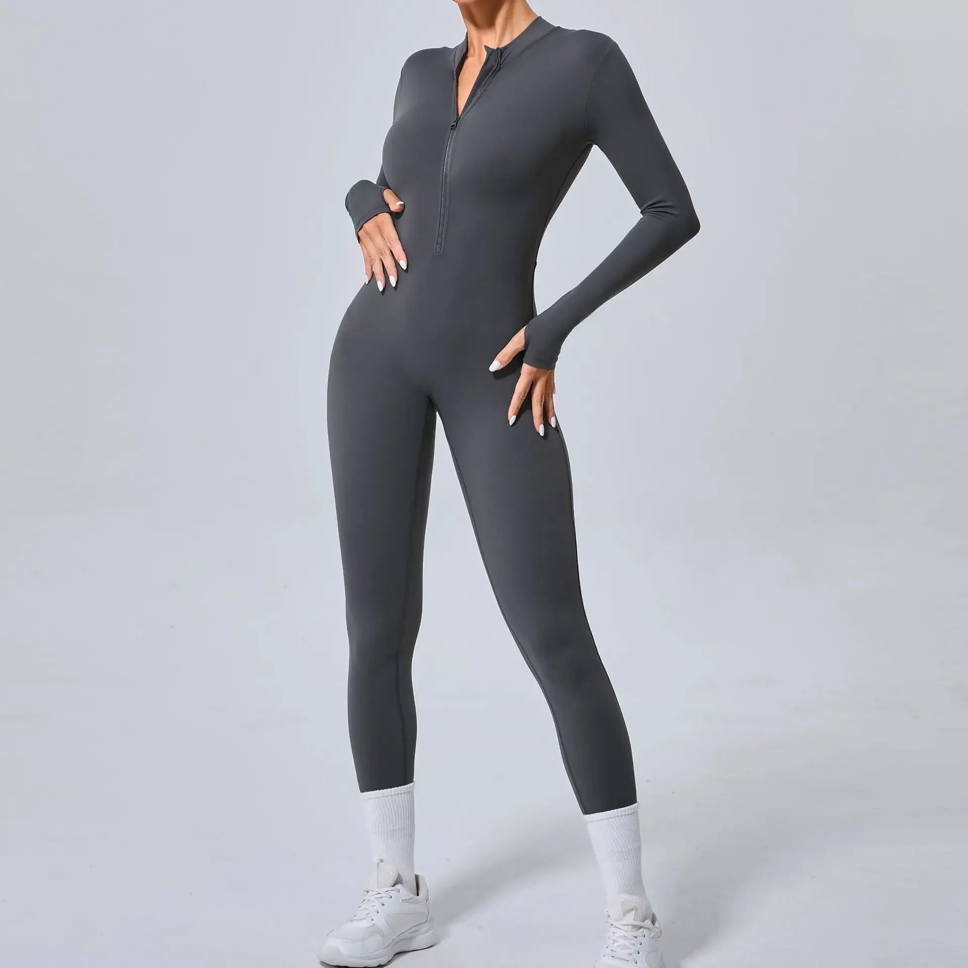 Seamless Yoga Jumpsuits Sports Fitness Hip-lifting Skinny Long-sleeved Zipper Winter Workout Gym Leggings Sportswear for Women