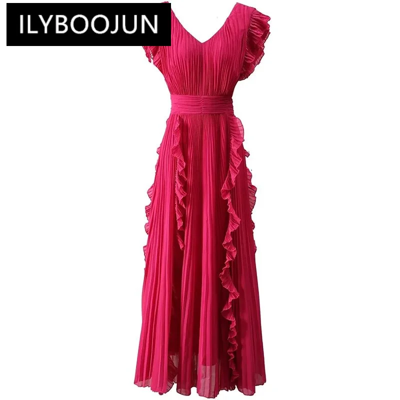 

ILYBOOJUN Pleated Splicing Flounced Edge Design For Women V-Neck Butterfly sleeve High waist Stripe Summer Dresses