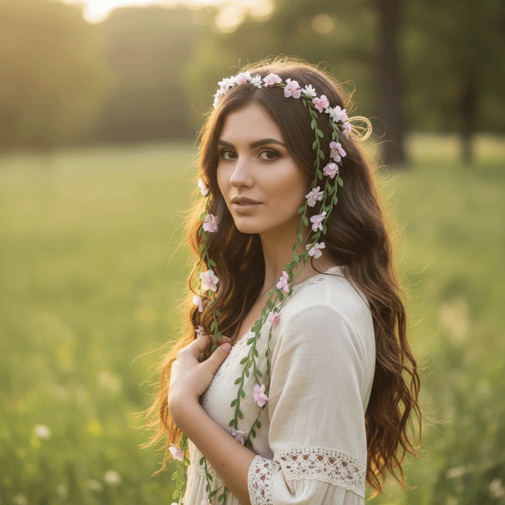 إكسسوارات الشعر إكليل الزهور البيضاء الوردي البوهيمي زهرة عقال شرابة طويلة محاكاة زهرة تاج الزفاف غطاء الرأس