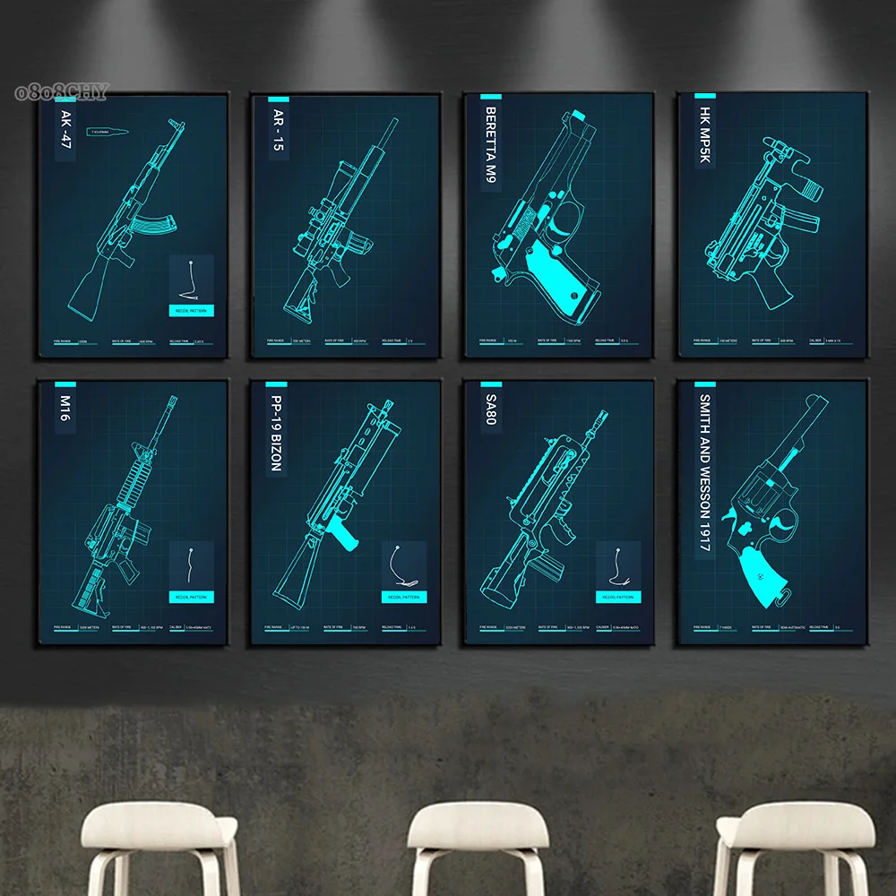 Abstract Gun Blueprint Wall Art Pictures AK47 Gun Blueprint Posters Canvas Print Painting for Modern Home Living Room Decor Gift