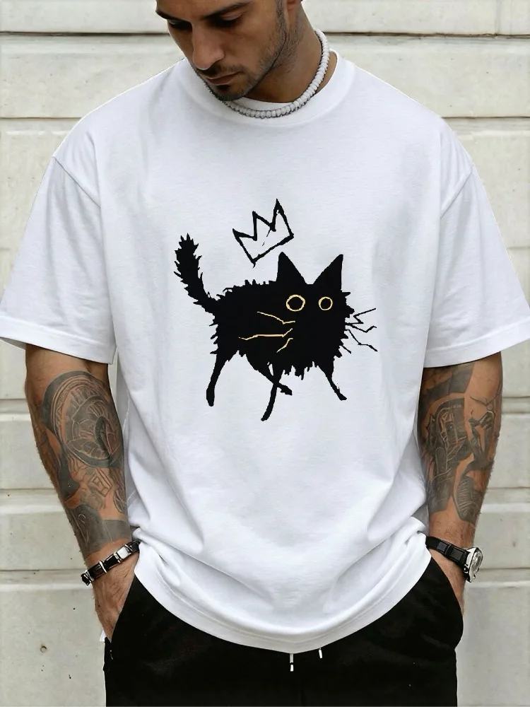 Mens Cotton Tee Abstract Scared Black Cat Crown Graphic Short Sleeve Vintage Gothic Daily Street Casual Loose Top For Young Guys