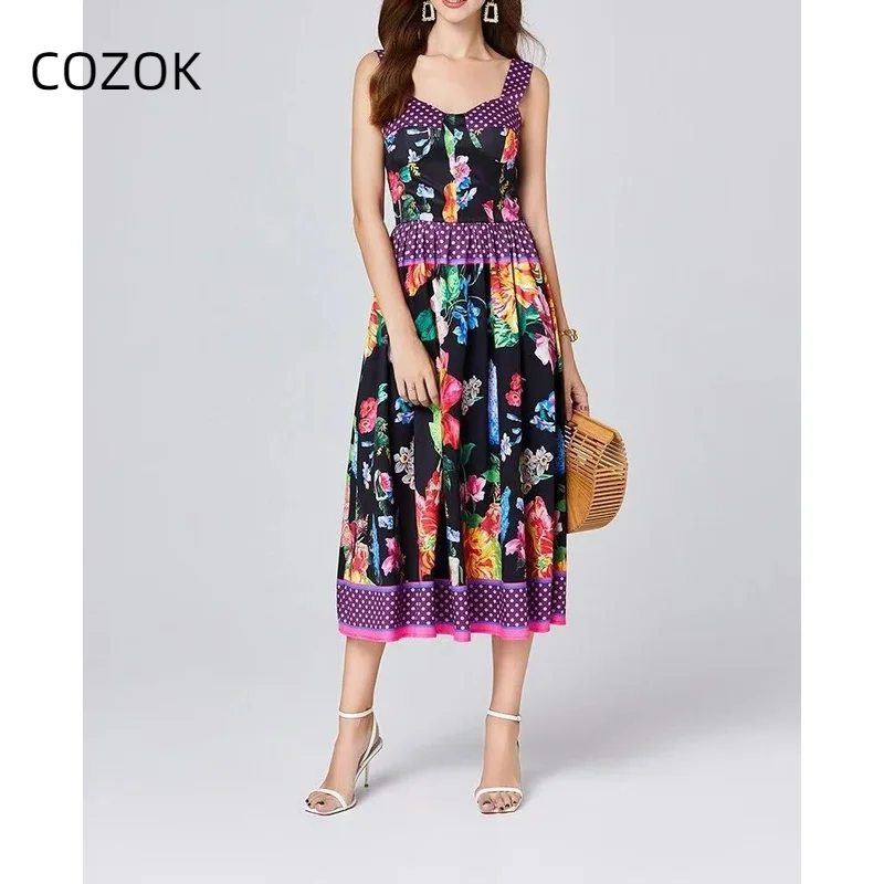 

2024 New Women's Printed Waist Waist Wrap Dress with Hanging Strap