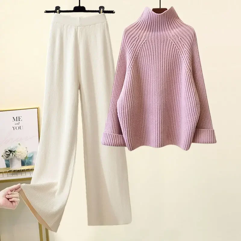 Conjuntos de prendas de punto cálidas de invierno para mujer, jersey de manga larga con cuello alto, suéter + pantalones de punto de pierna ancha de cintura alta