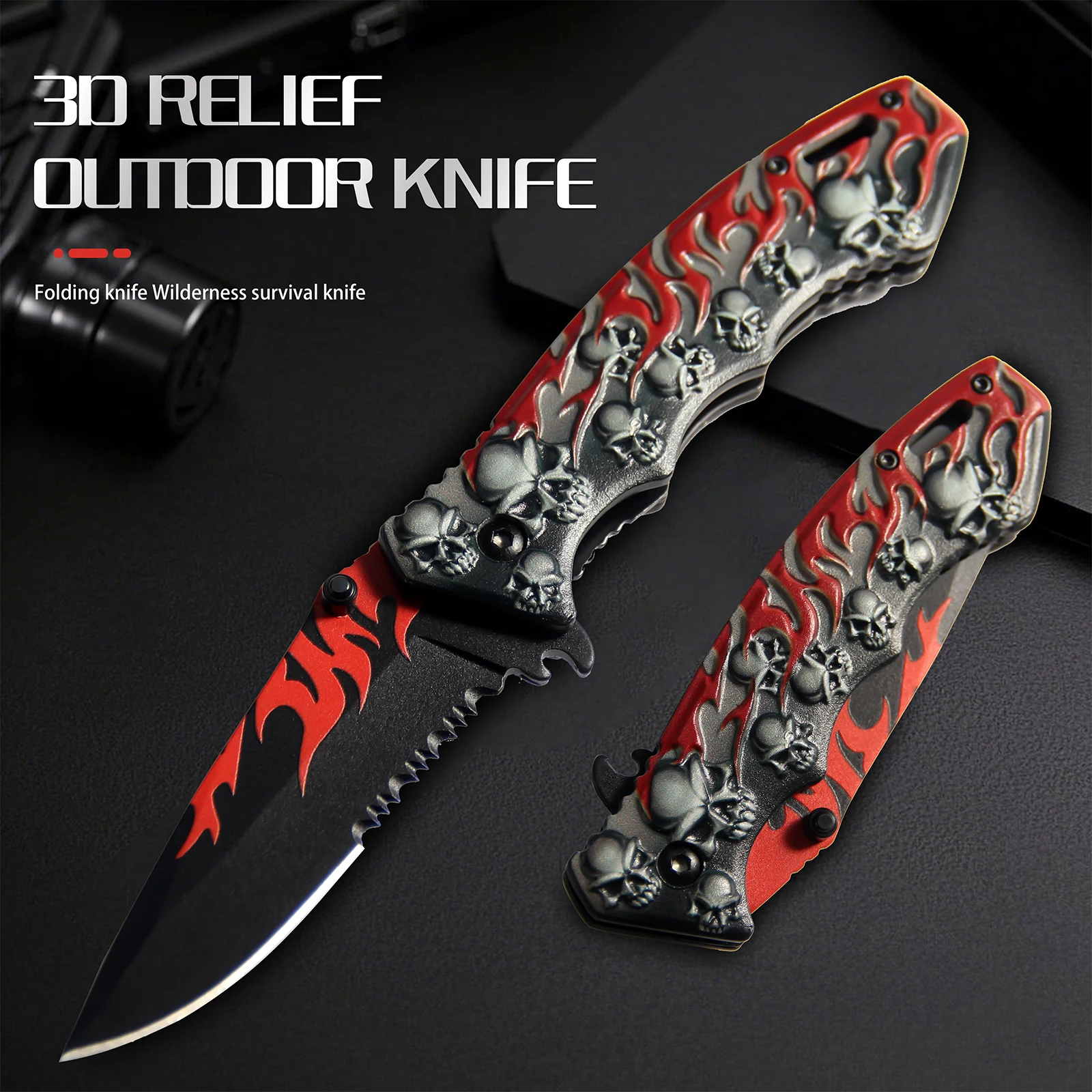 3D Relief Skull Flame Pattern Foldable Pocket Cutting Tool Serrated Blade Portable EDC Outdoor Camping Household Multifunctional Decorative Collectible Utility Cutter Gift for Men