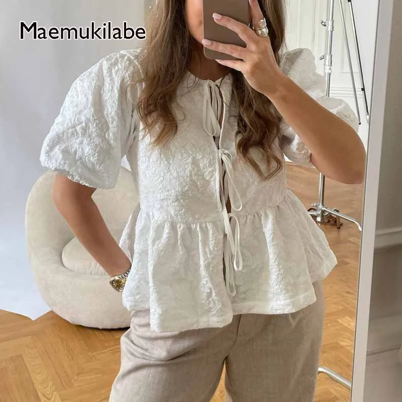 Maemukilabe Embossed Flower Loose Blouse Tops Women Vintage Front Bowknot Puff Sleeve T-shirt Fairy Kawaii Y2K Retro Crop Tops