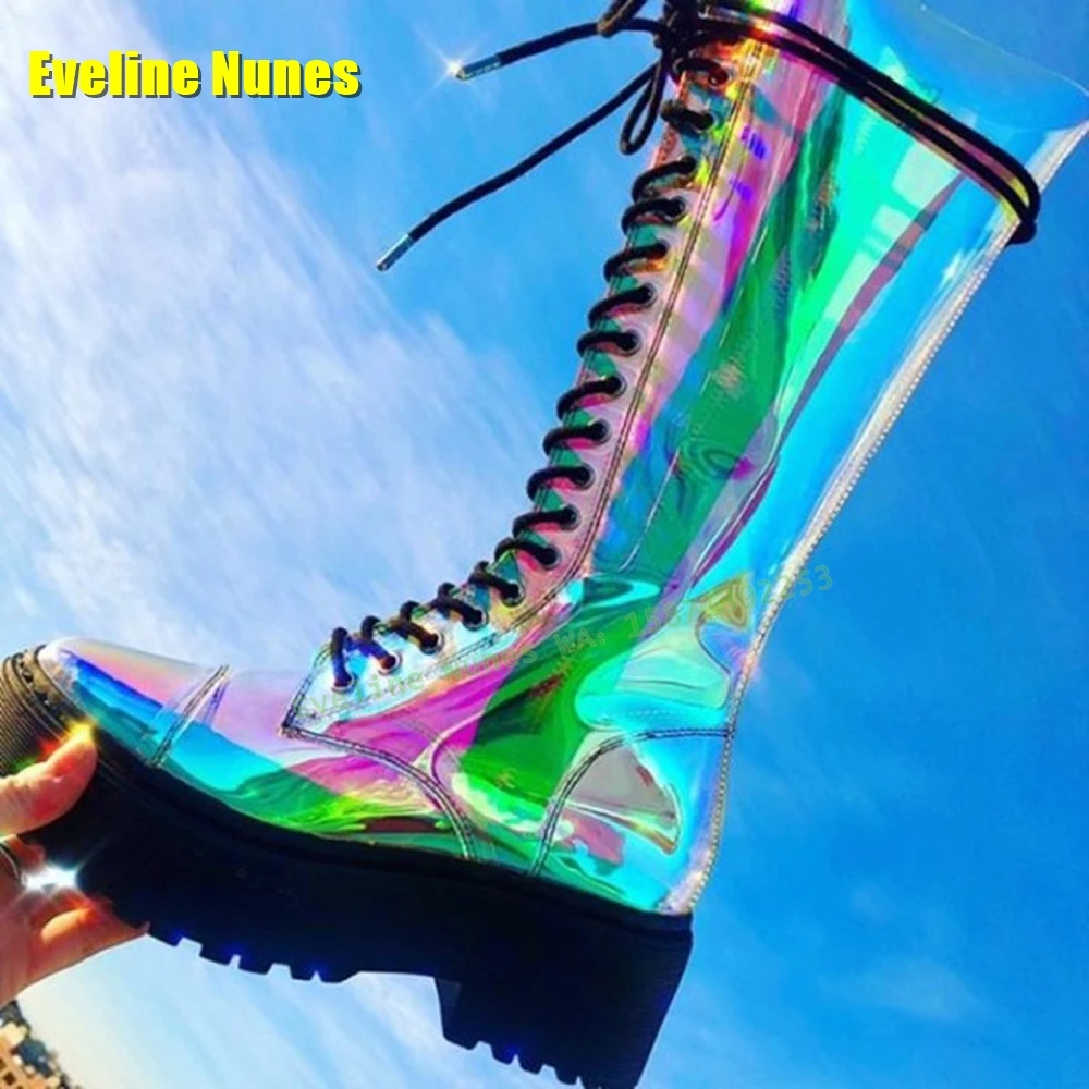 

Fantasy Transparent Pvc Lace-Up Motorcycle Boots Round Toe Tank Sole Size Zip Renegade Boots Large Size Spicy Girl Punk Shoes