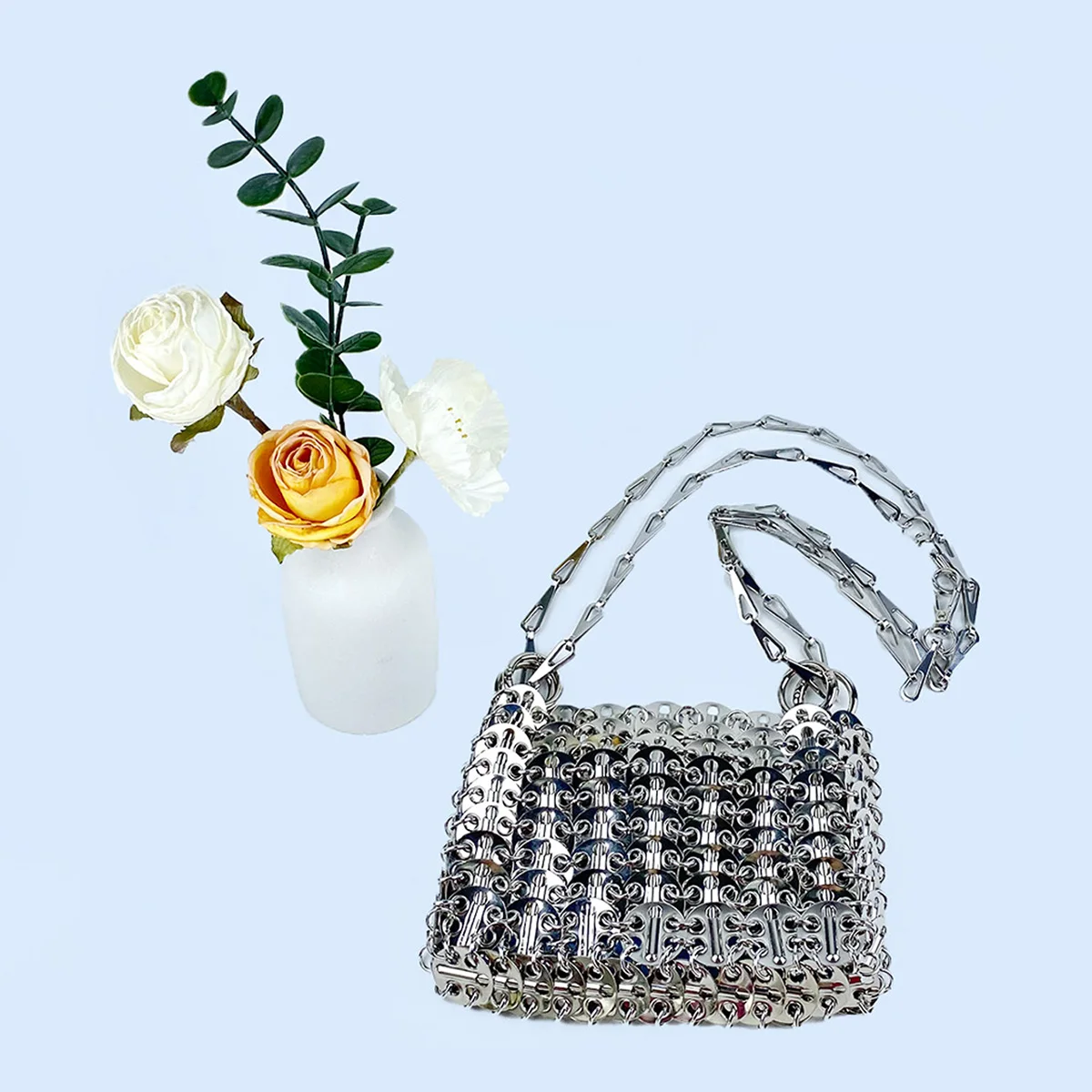 Silver Shiny Bag Handmade Woven Beaded Sequin Bag Mobile Phone Bag Long Shoulder Strap Single Shoulder Crossbody Bag for Women