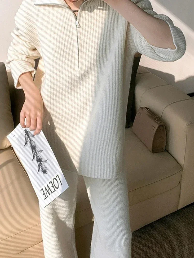 Spring Autumn Knit Set Women's Lapel Half-zipper Pullover Sweater High Waist Wide Leg Pants Women Two Piece Sets Womens Outifits