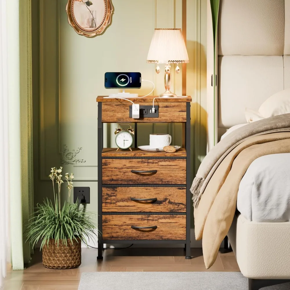 High bedside table with charging station, 3-drawer dresser with storage shelves, wardrobe cloth end table, bedside furniture