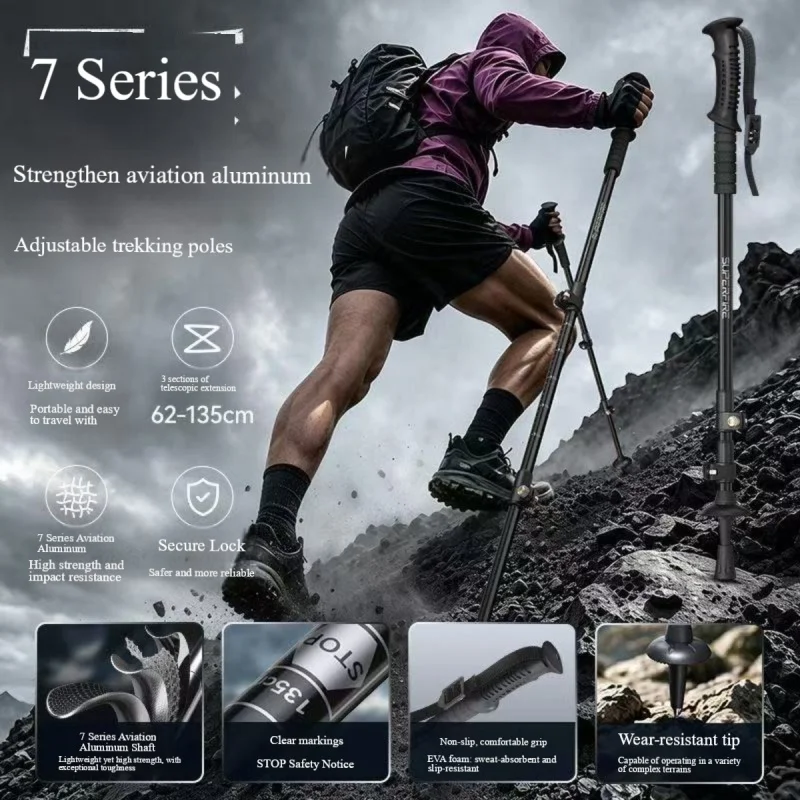 Adjustable Trekking Pole Lightweight Aviation Aluminum Walking Stick Anti-slip for Mountain Hiking Camping