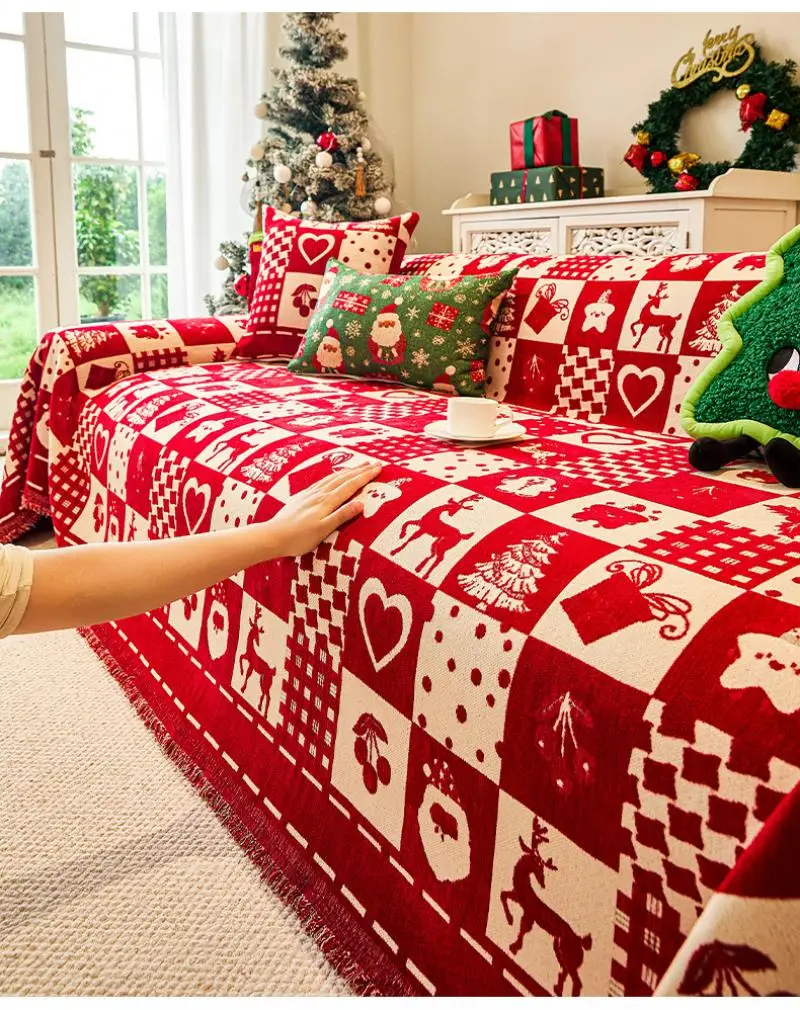 Weihnachtlicher Einteiliger Sofabezug Handtuch Chenille Rotes Karomuster Universelle Sofabezüge Festliche Komplette Decke Sofabezug-Stoff – Detail 8