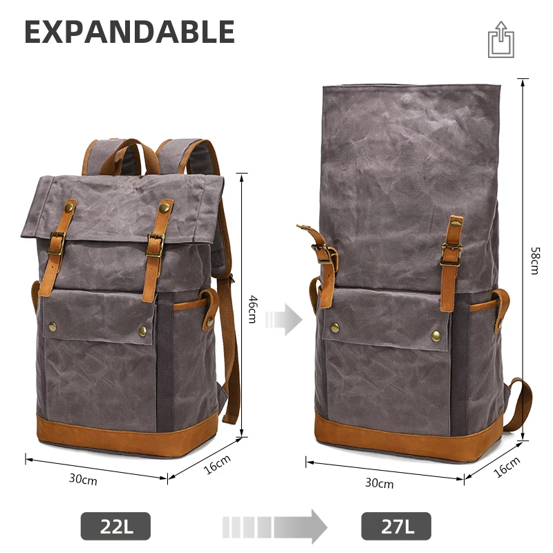 Waterproof Waxed Canvas Leather Mens Camping Backpack Travel Roll Top Rucksack 16 inch Laptop Bag Vintage Students School Bags