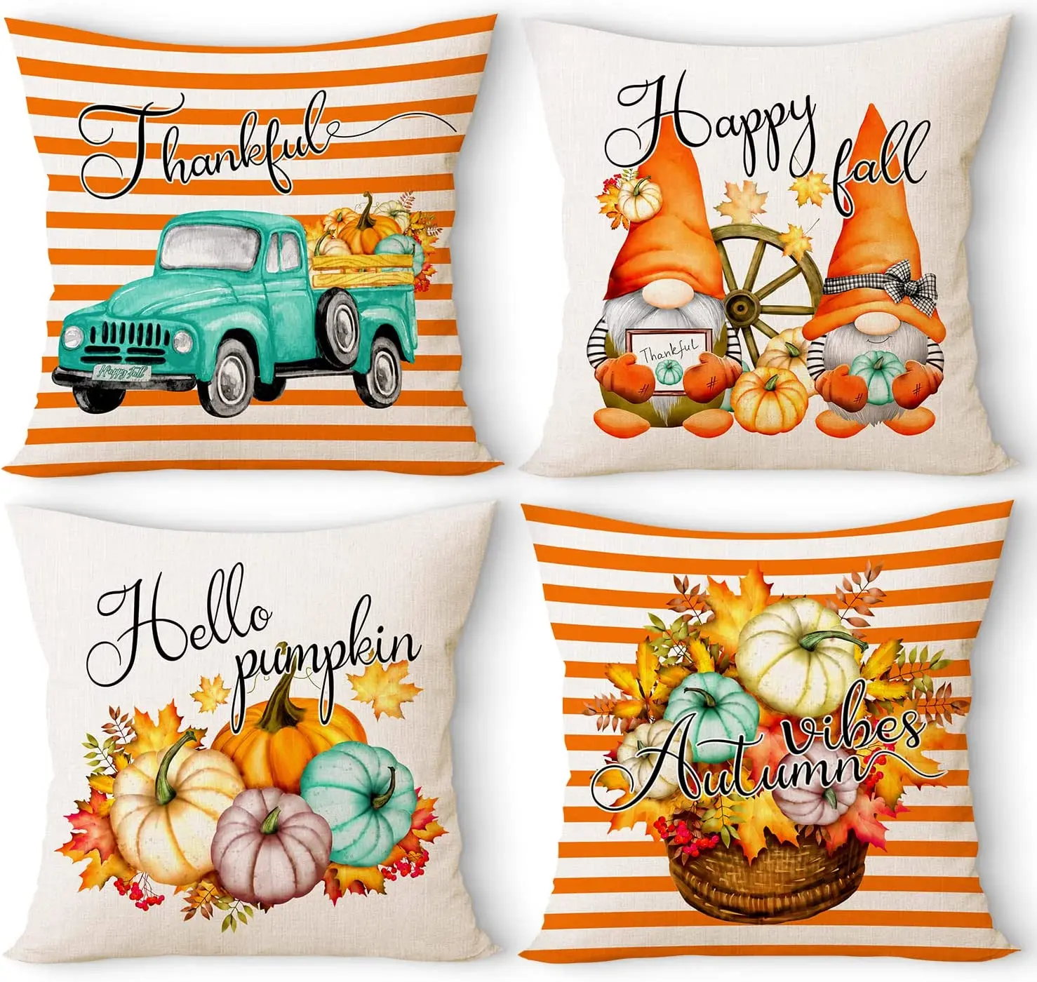 4pcs Decorative Seasonal Holiday Autumn Thankful Hello Pumpkin Happy for Yall Cushion Pillow Cases for Indoor Home Couch Decor