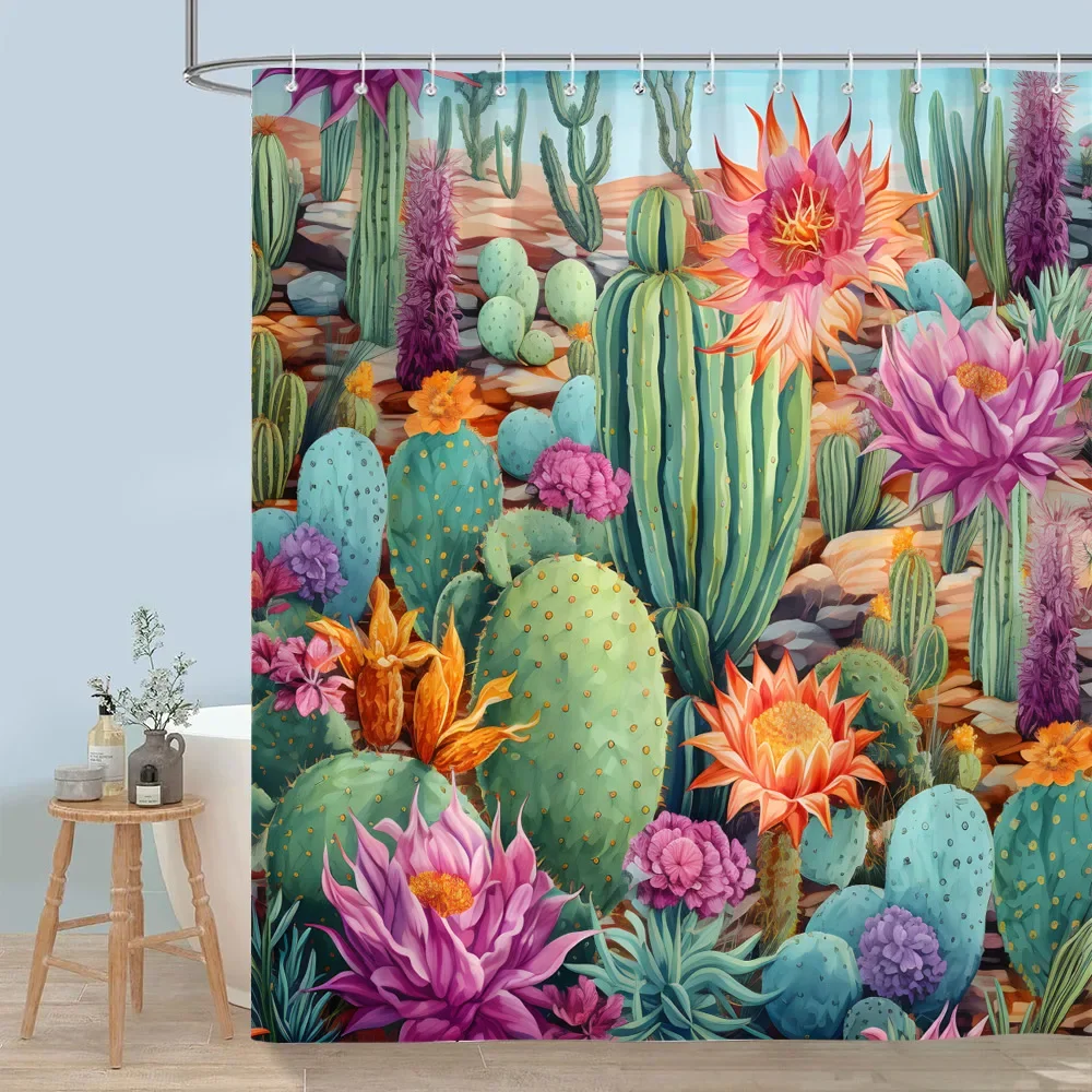 Cactus Watercolour Print Shower Curtain Desert Green Plants Rustic Planks Bohemian Vintage Shower Curtains Bathroom Home Decor