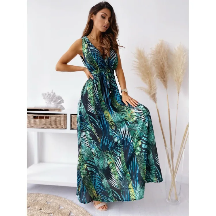 

Summer New Printed Dress Resort Style Deep V Neck Sleeveless Long Skirt 2024 Women Fashion Elegant Lace-up Dress Beach Party
