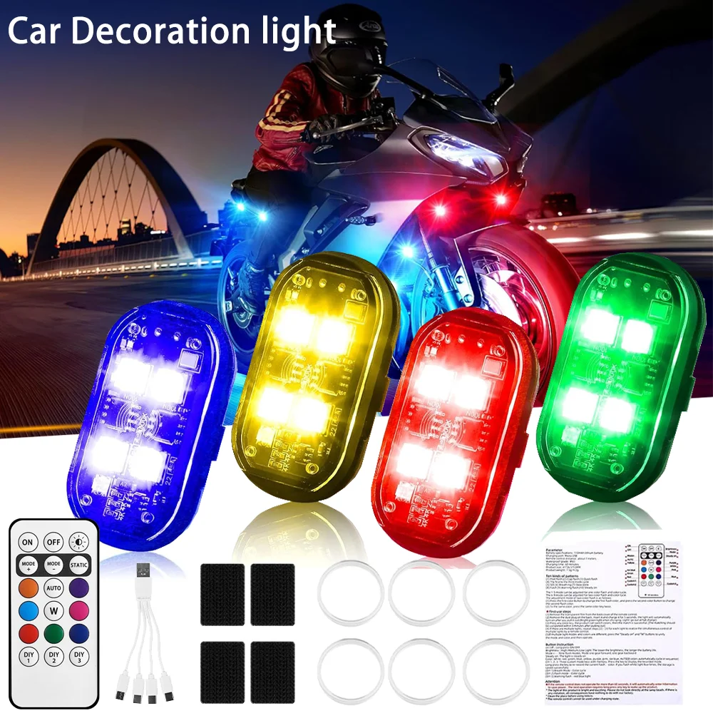 2/4/6 قطعة RGB Led سيارة ستروب أضواء سيارة إضاءة زينة جو مصباح اللاسلكية LED ستروب أضواء 8 ألوان تحذير ضوء دراجة نارية #1
