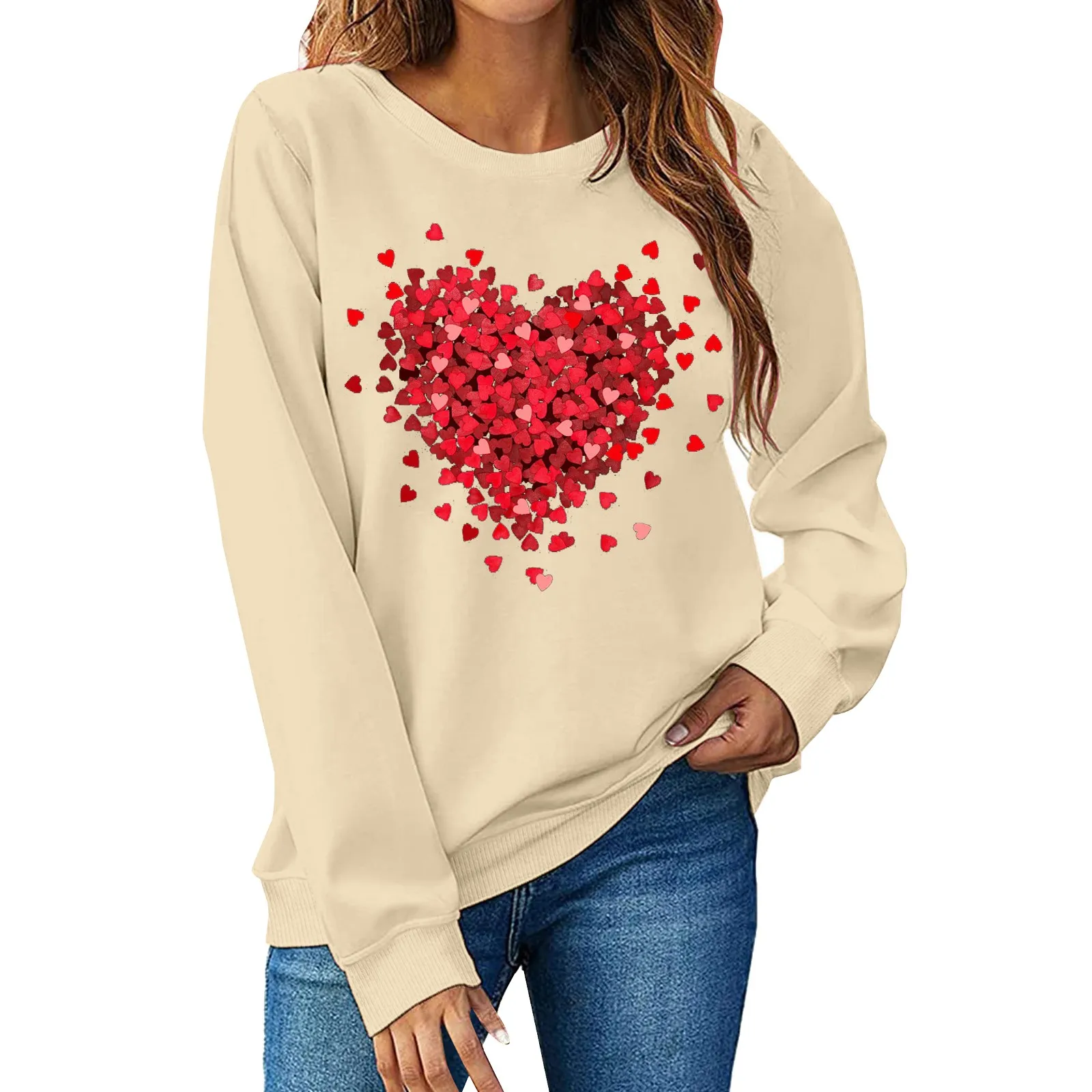 Pink Love Print T-Shirts Women's Long Sleeve O-Neck Cozy Blouses For Valentine'S Day Gifts Ladies Elegant Causal Every Day Tops