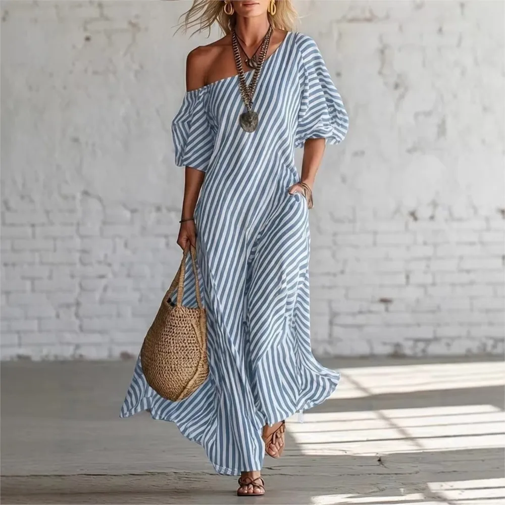 Robe longue d'été imprimée à rayures, ample, avec poches, pour femme, élégante, à manches courtes bouffantes, épaules dénudées, idéale pour la plage et les vacances