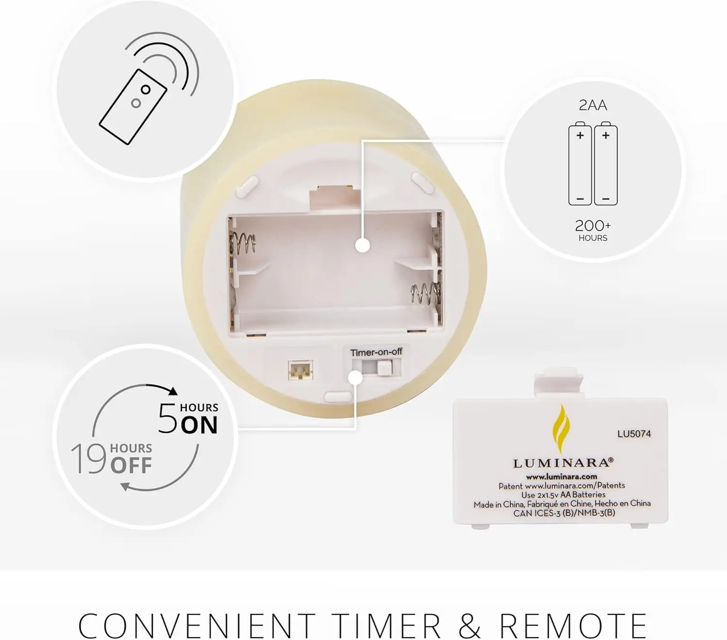 Luminara set van 3 ivoorkleurige stompkaarsen, realistische vlamloze LED met bewegende vlam en externe timer, werkt op batterijen