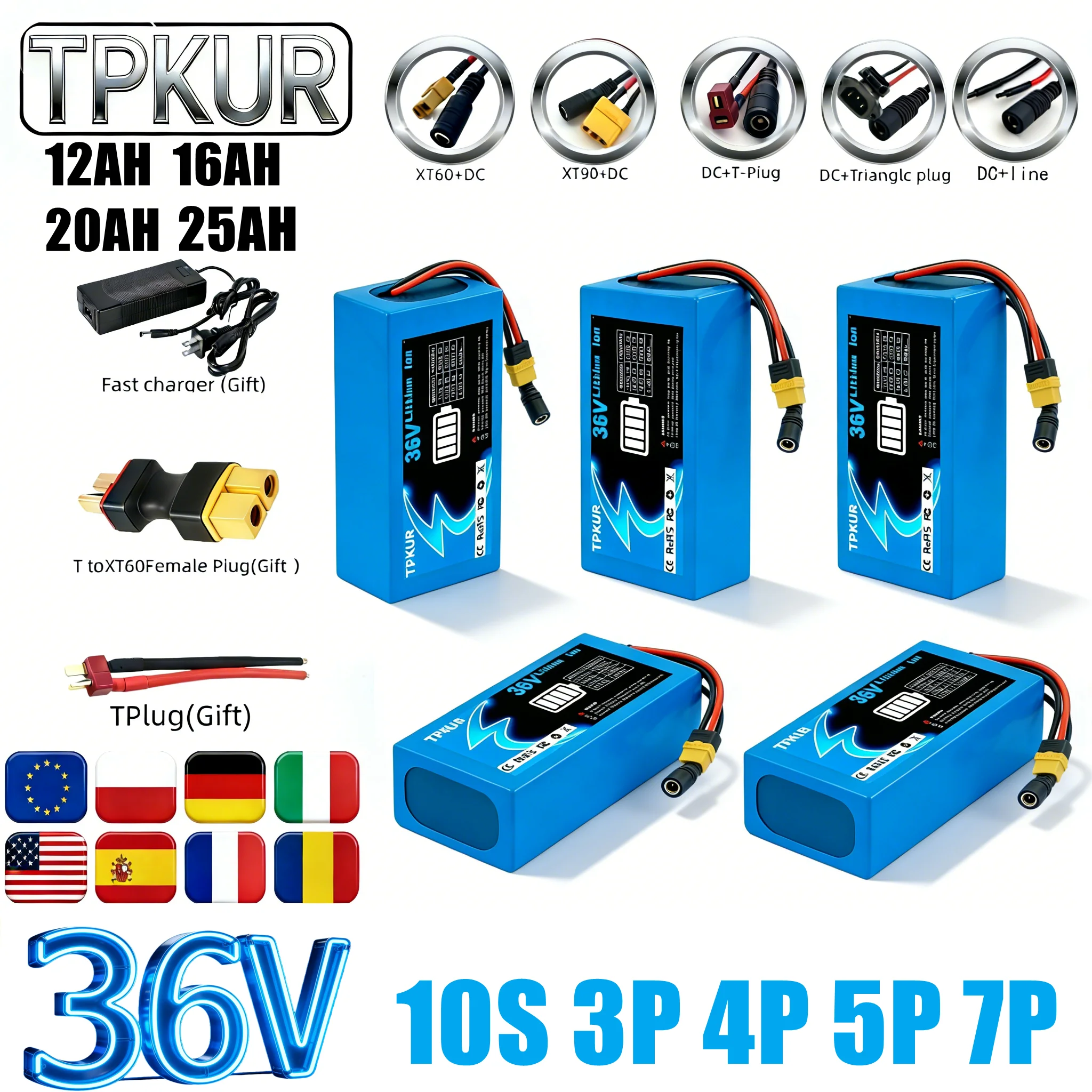 New 36V 10S 3P 4P 5P 7P 18650 Battery Suitable for Commuting Tools with 100-1000W Motors, Built-in BMS+Fast Charger
