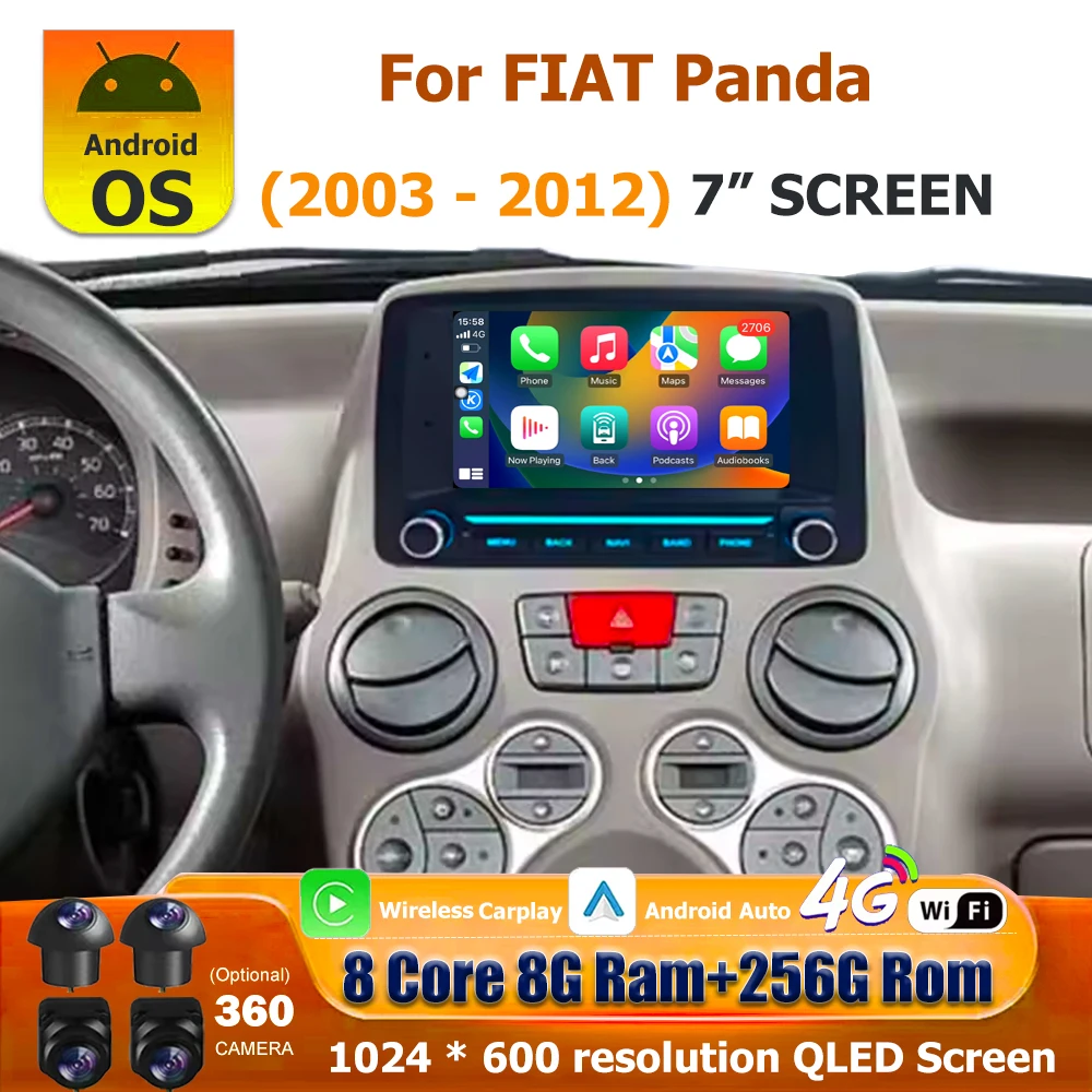 Wireless CarPlay For Fiat Panda 2003-2012 Android 16 Auto Car Radio Multimedia Video Player GPS Navigation QLED Touch Screen 7''