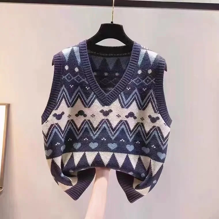 

Женский весенне-осенний вязаный жилет с V-образным вырезом, свитер обычной длины без пуговиц, клетчатый узор, другой материал 00% для поездок на работу...