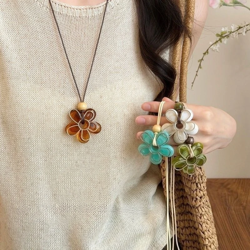 Boho Colorful Flower Pendant Long Necklace for Women Leather Cord Resin Floral Necklace Vintage Woven Sweater Chain Jewelry Gift