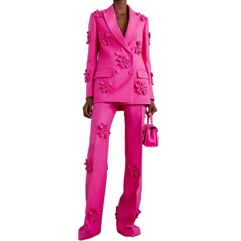 Women\'s Fashionable Suits Three Dimensional Floral Pant Sets Lapel Double Breasted Matching Sets 2024 New Outerwear Pink Jacket