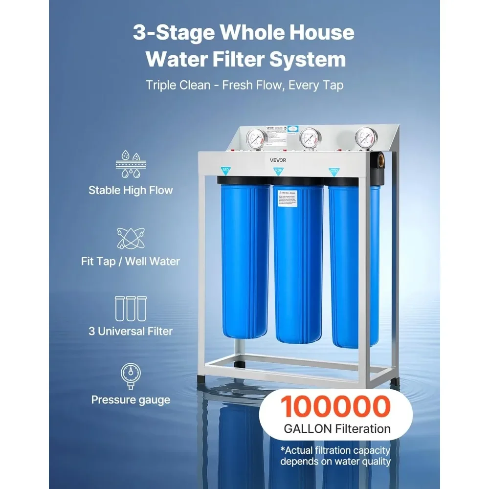 3-Stage Whole House Water Filtration System | Removes Sediment, KDF, CTO | 4.5 x 20 Filter for Reducing Heavy Metals and L