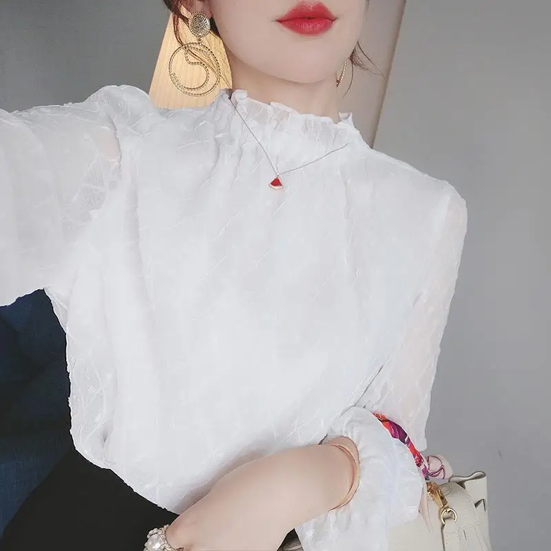 Thin/Thick White Bottoming Top Women's Solid Color Chiffon Shirt Stand Collar Ruffles Long Sleeve Blouse