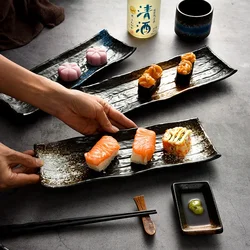 Black Scrub Striped Barbecue Meat Sushi Ceramics Plate Kitchen Cutlery Korean Cuisine Saury Fruit Dessert Sushi Storage Plate