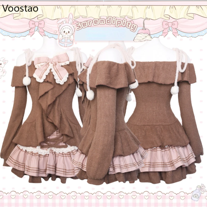 Japanse Zoete Lolita 2-delige sets Vrouwen Retro Off Schouder Boog Blouse Tops Plaid Cake Mini Rok Meisjes Kawaii Y2k Slanke outfits